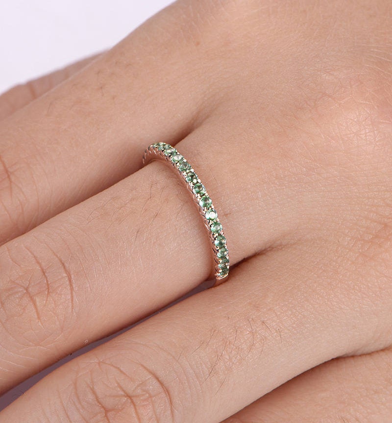 Wedding band emerald ring natural emerald wedding ring half eternity ring solid 14k rose gold stacking ring matching band bridal ring