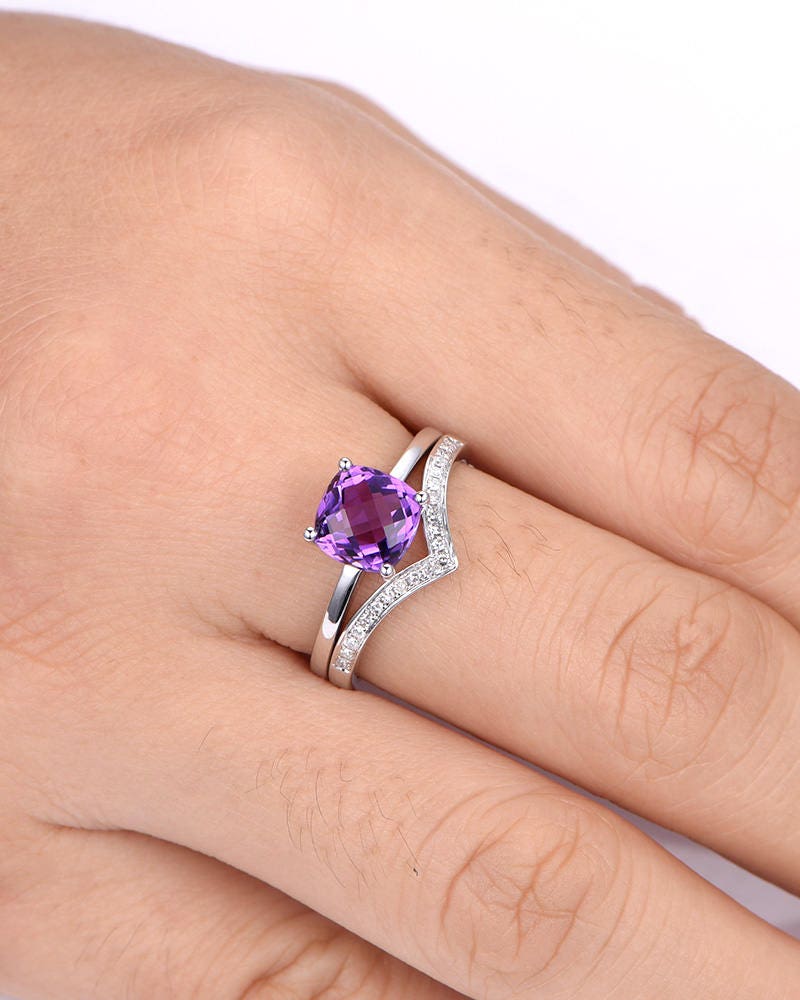 Natural amethyst ring set amethyst engagement ring with plain gold band 7mm cushion cut gemstone V shape half eternity diamond wedding band