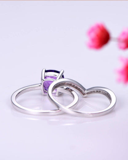 Natural amethyst ring set amethyst engagement ring with plain gold band 7mm cushion cut gemstone V shape half eternity diamond wedding band