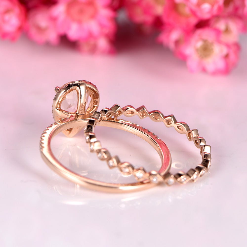 Morganite ring set morganite engagement ring 6x8mm pear cut natural stone full eternity diamond wedding band 14k rose gold stacking ring