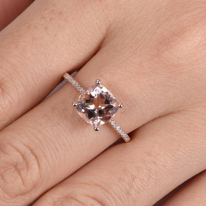 Big morganite engagement ring 8mm cushion cut morganite ring delicate diamond wedding band 14k rose gold promise ring solitaire ring