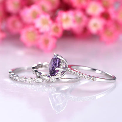 Amethyst ring set diamond engagement ring 8mm round cut amethyst art deco diamond matching band 14k white gold wedding ring set customized