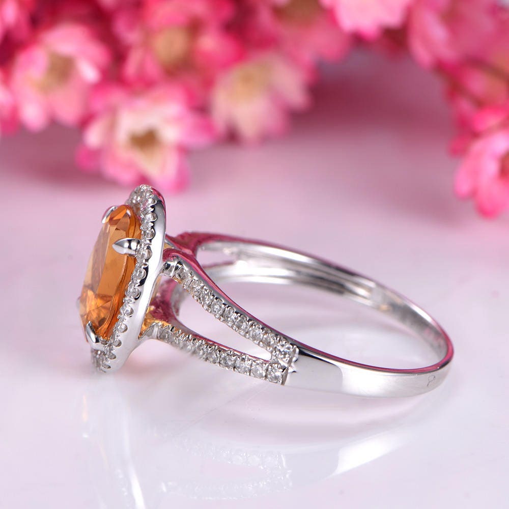 Citrine ring citrine jewelry 14k white gold engagement ring yellow gemstone split shank diamond wedding band stacking ring custom ring