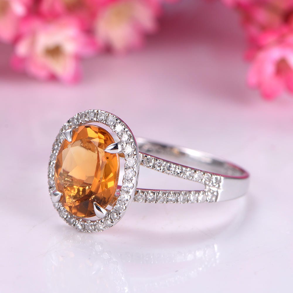 Citrine ring citrine jewelry 14k white gold engagement ring yellow gemstone split shank diamond wedding band stacking ring custom ring