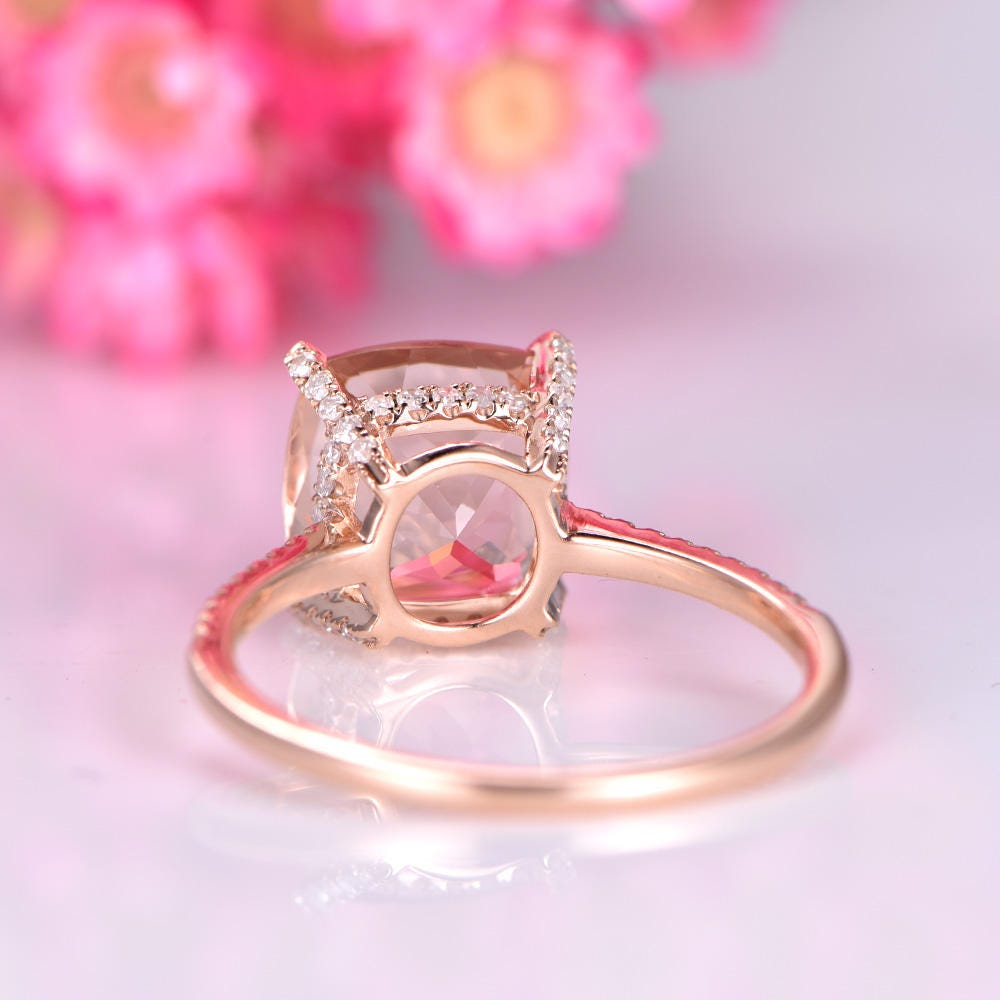 Big cushion morganite engagement ring 9mm morganite ring diamond thin wedding band diamond base 14k rose gold promise ring solitaire ring