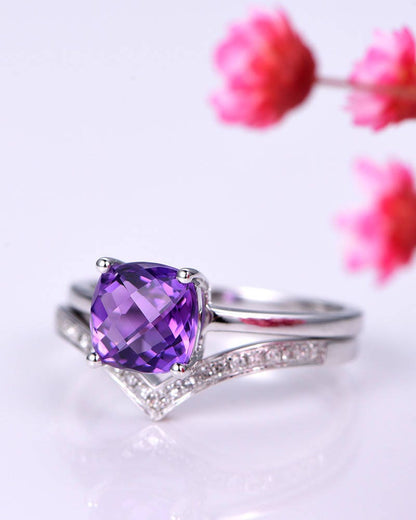 Natural amethyst ring set amethyst engagement ring with plain gold band 7mm cushion cut gemstone V shape half eternity diamond wedding band