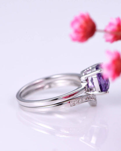 Natural amethyst ring set amethyst engagement ring with plain gold band 7mm cushion cut gemstone V shape half eternity diamond wedding band