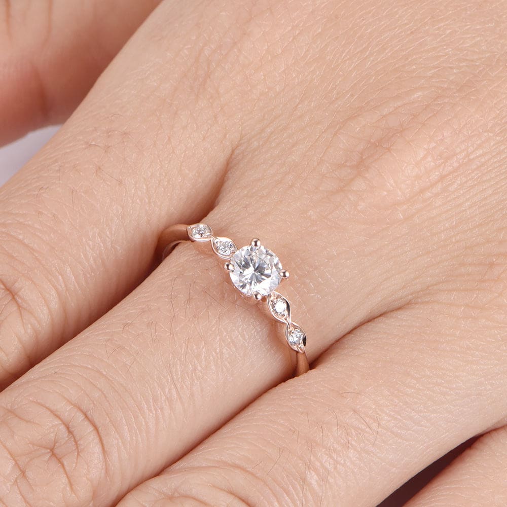 Danity moissanite engagement ring 5mm round cut moissanite 14k/18k rose gold art deco diamond wedding band bridal promise ring gift for her