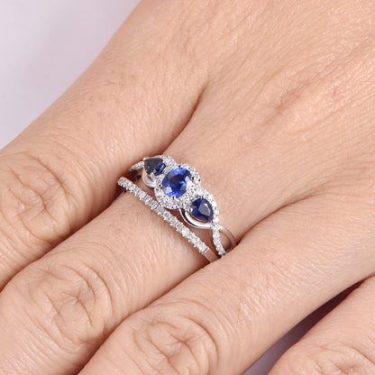 Sapphire ring set sapphire engagement ring three blue main stone half eternity diamond wedding band14k white gold ring set anniversary