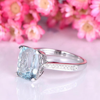 Big cushion aquamarine ring 8x10mm natural aquamarine diamond wedding band 14k white gold bridal promose ring anniversary Christmas gift