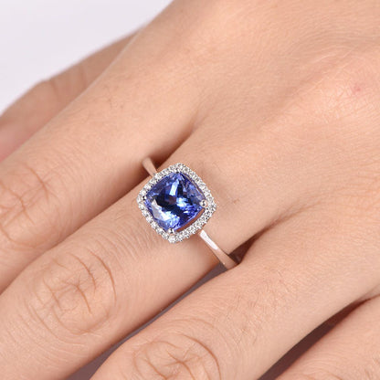 2.3ct Tanzanite Ring 7.5mm cushion cut tanzanite engagement ring diamond halo plain gold band solid 14k white gold ring custom jewelry