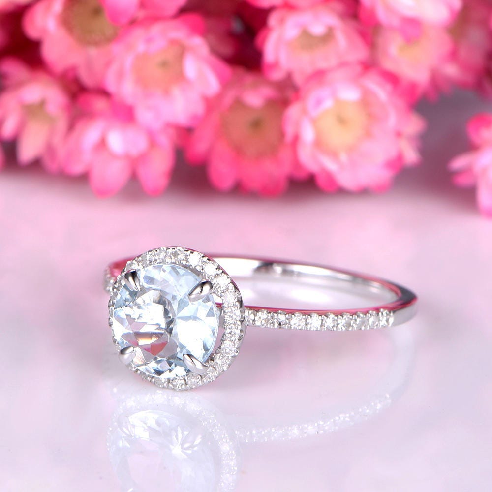Aquamarine ring solid aquamarine engagement ring 14k white gold diamond wedding band 7mm round cut March birthstone anniversary ring