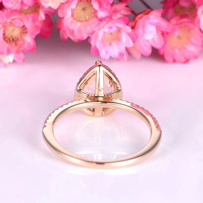 Morganite engagement ring 6x8 pearl shape morganite ring real diamond wedding thin band solid 14k rose gold promose ring customized