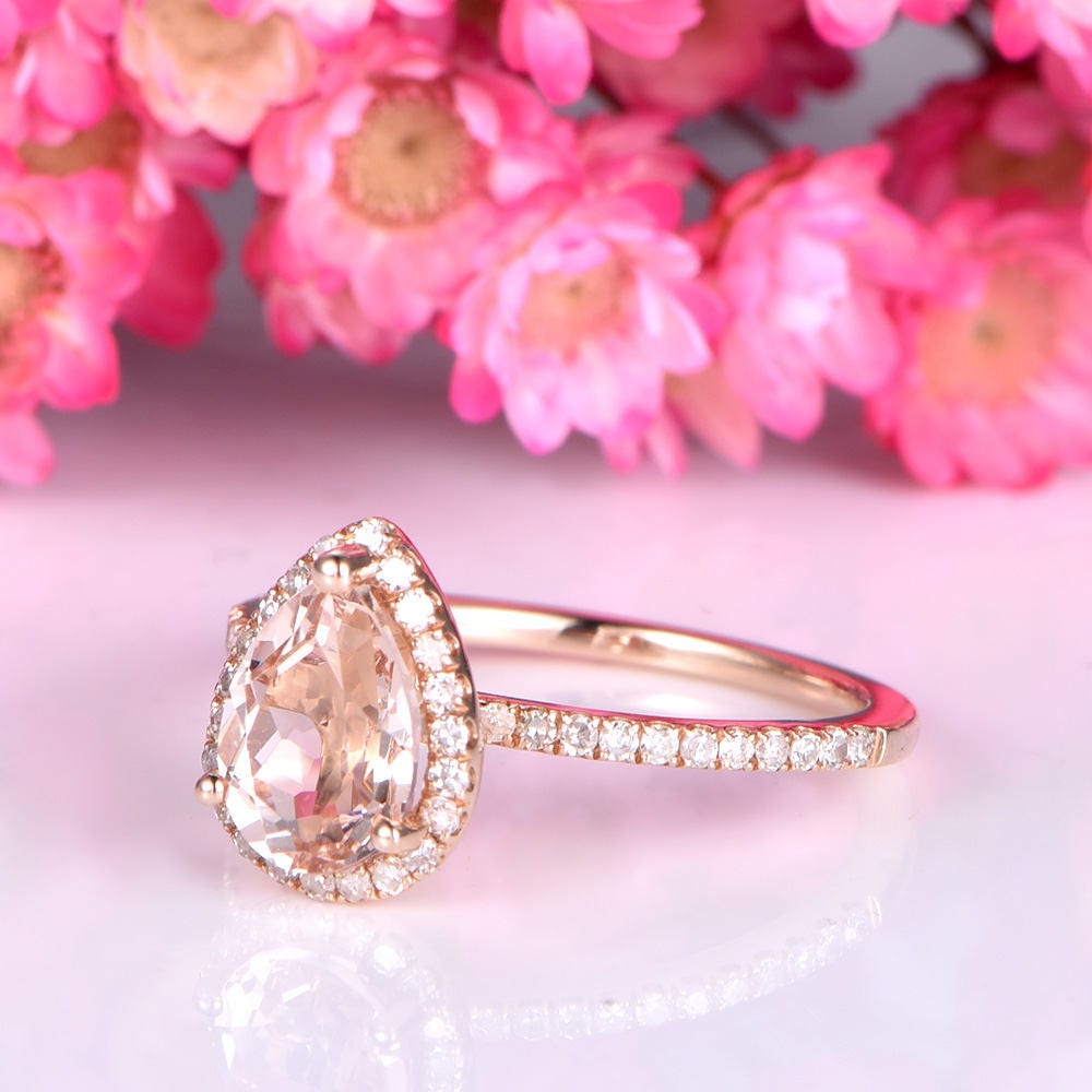 Morganite engagement ring 6x8 pearl shape morganite ring real diamond wedding thin band solid 14k rose gold promose ring customized