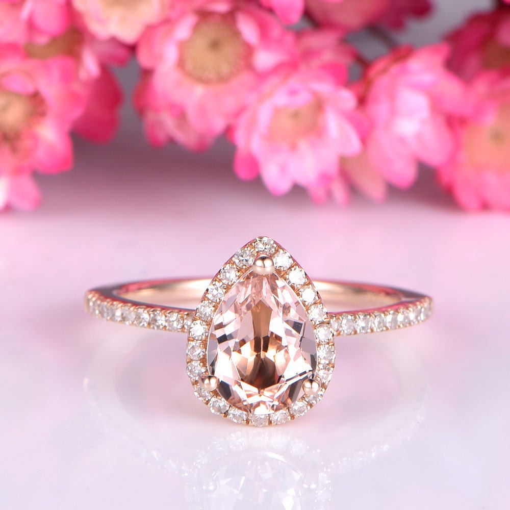 Morganite engagement ring 6x8 pearl shape morganite ring real diamond wedding thin band solid 14k rose gold promose ring customized