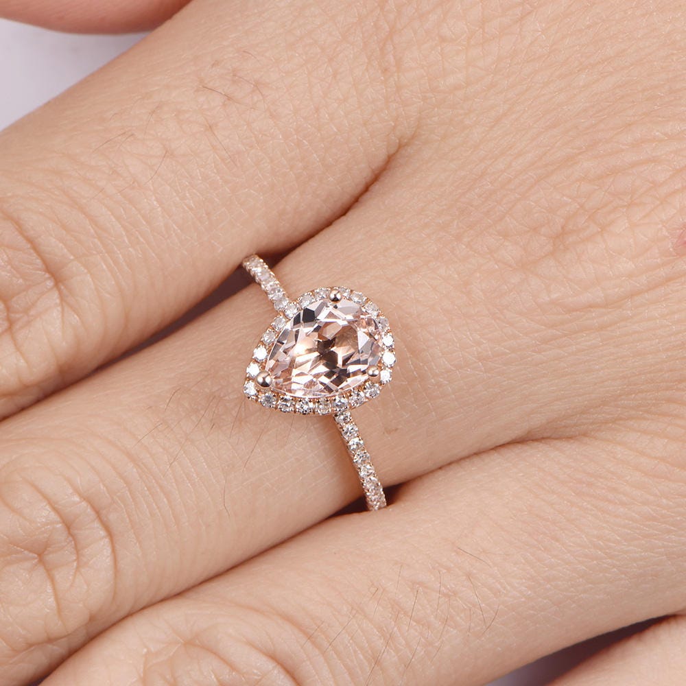 Morganite engagement ring 6x8 pearl shape morganite ring real diamond wedding thin band solid 14k rose gold promose ring customized