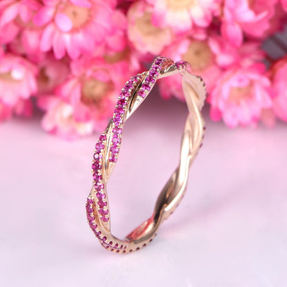 Ruby ring rose gold ruby wedding band twisted pink gemstone matching band full eternity ring pave setting anniversary ring Valentine