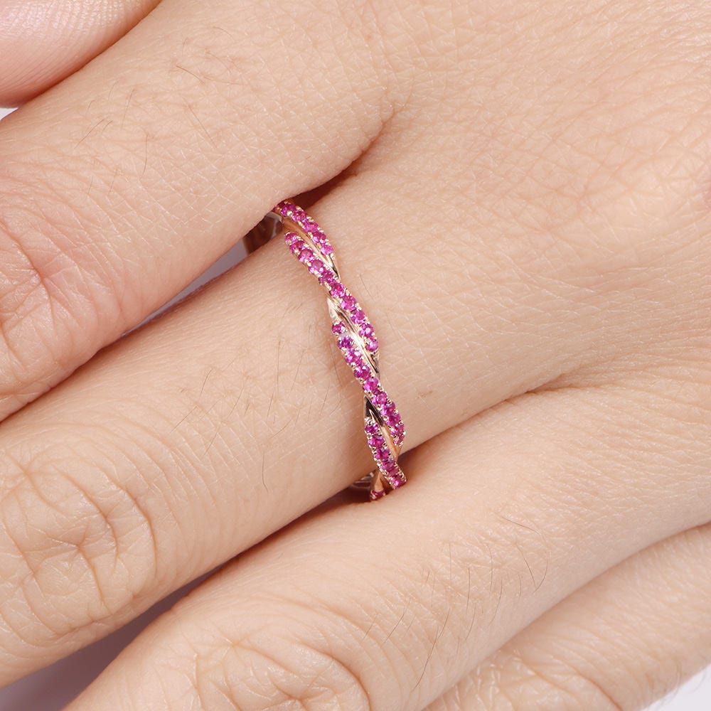 Ruby ring rose gold ruby wedding band twisted pink gemstone matching band full eternity ring pave setting anniversary ring Valentine