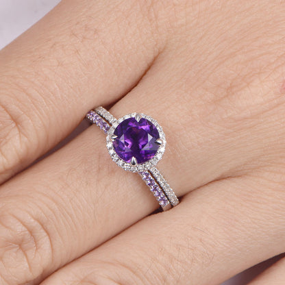 Amethyst ring set white gold amethyst engagement ring 7mm round cut stone half eternity amethyst matching band 14k/18k promise ring set