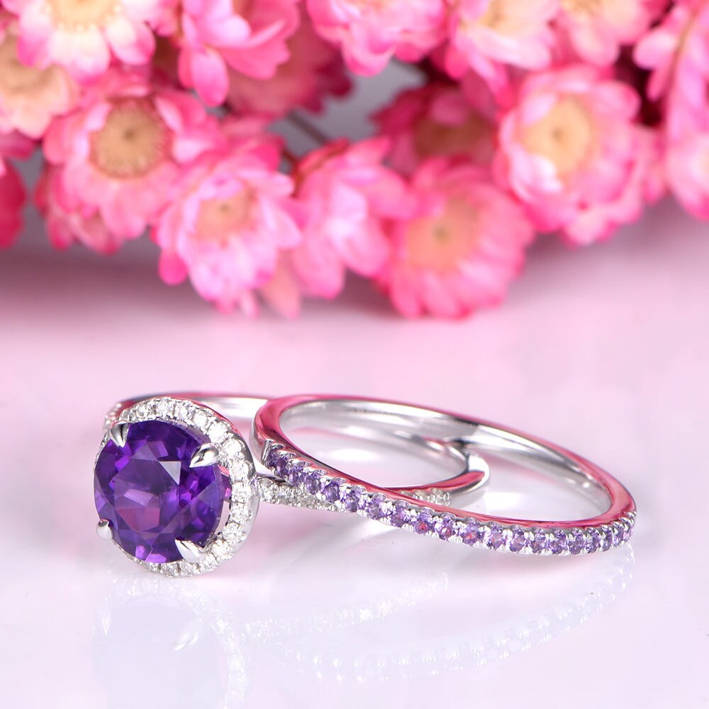 Amethyst ring set white gold amethyst engagement ring 7mm round cut stone half eternity amethyst matching band 14k/18k promise ring set