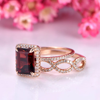 Emerald Cut garnet ring set garnet engagement ring diamond wedding ring diamond matching band solid 14k rose gold bridal ring set