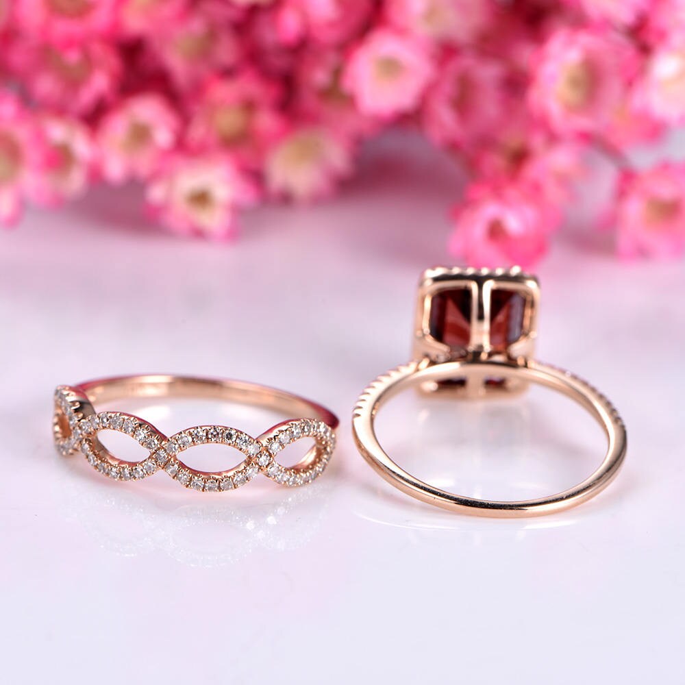 Emerald Cut garnet ring set garnet engagement ring diamond wedding ring diamond matching band solid 14k rose gold bridal ring set