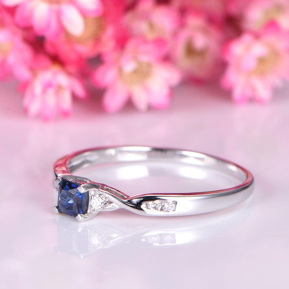 Sapphire engagement ring 0.35ct sapphire ring lab created main stone 14k white gold real diamond wedding band petite bridal ring anniversary