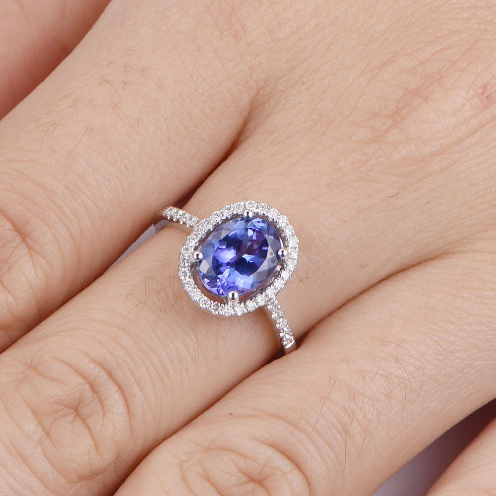 Tanzanite ring 6x8mm oval cut tanzanite engagement ring diamond wedding band halo style ring basket setting solid 14k white gold