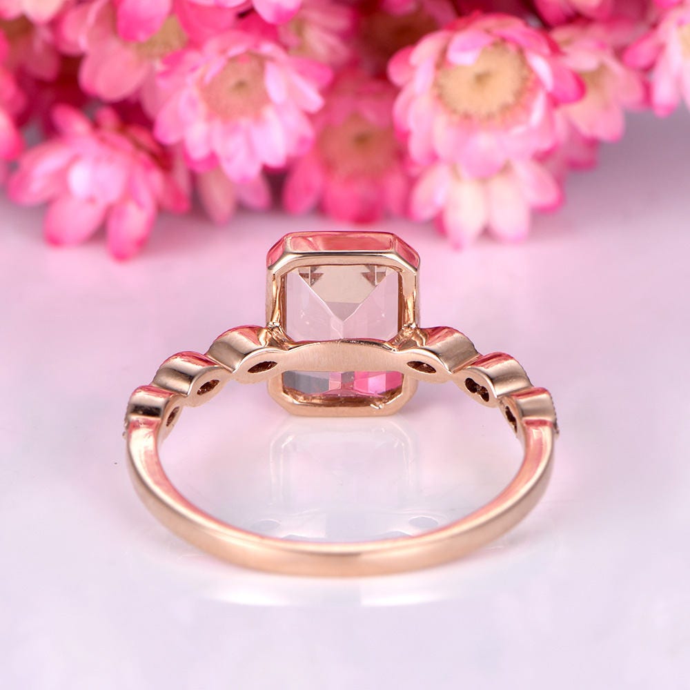 Bezel set morganite engagement ring 6x8mm emerald cut morganite art deco diamond wedding band 14k rose gold promise ring milgrain style ring