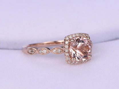 Morganite engagement ring morganite ring 7mm round cut gem stone diamond ring diamond cushion halo and art deco band 14k rose gold ring