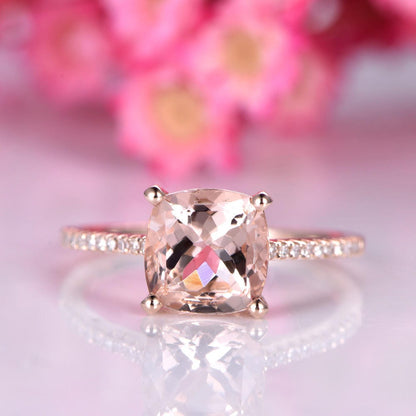 Big morganite engagement ring 8mm cushion cut morganite ring delicate diamond wedding band 14k rose gold promise ring solitaire ring