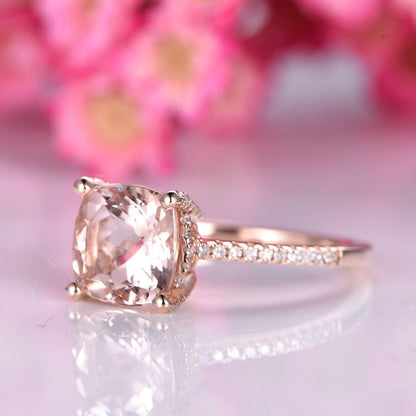 Big morganite engagement ring 8mm cushion cut morganite ring delicate diamond wedding band 14k rose gold promise ring solitaire ring