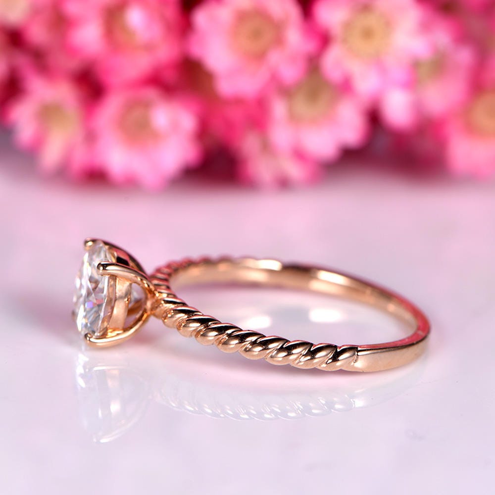 Charles & Colvard moissanite engagement ring 7mm round cut moissanite plain gold band twist wedding band solid 14k rose gold solitaire ring