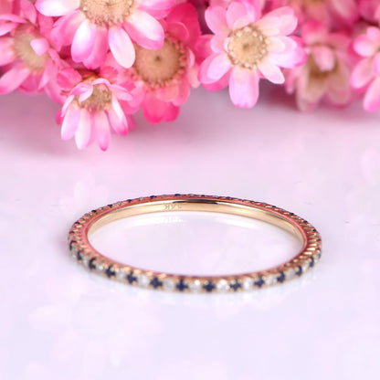 Diamond wedding band diamond blue sapphire ring 14k yellow gold petite matching band natural gemstones full eternity promise ring Valentine