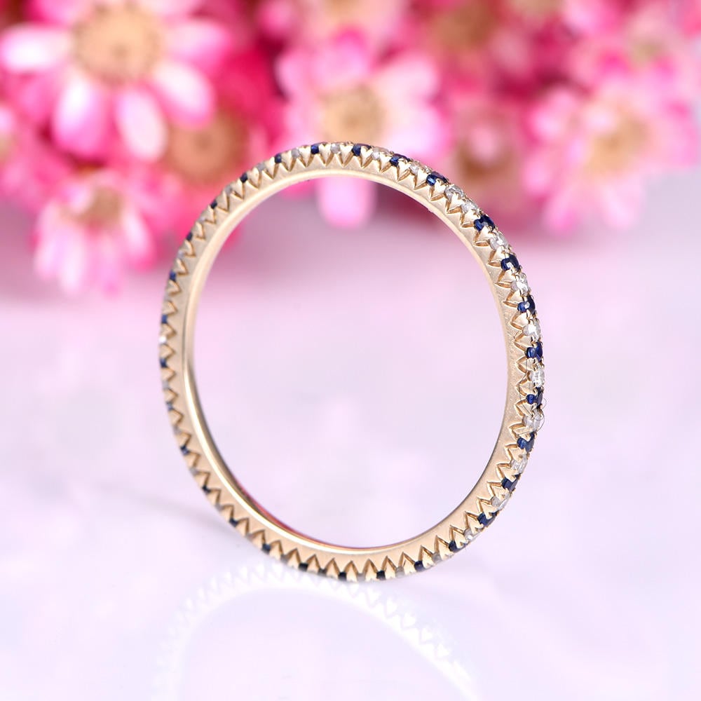 Diamond wedding band diamond blue sapphire ring 14k yellow gold petite matching band natural gemstones full eternity promise ring Valentine