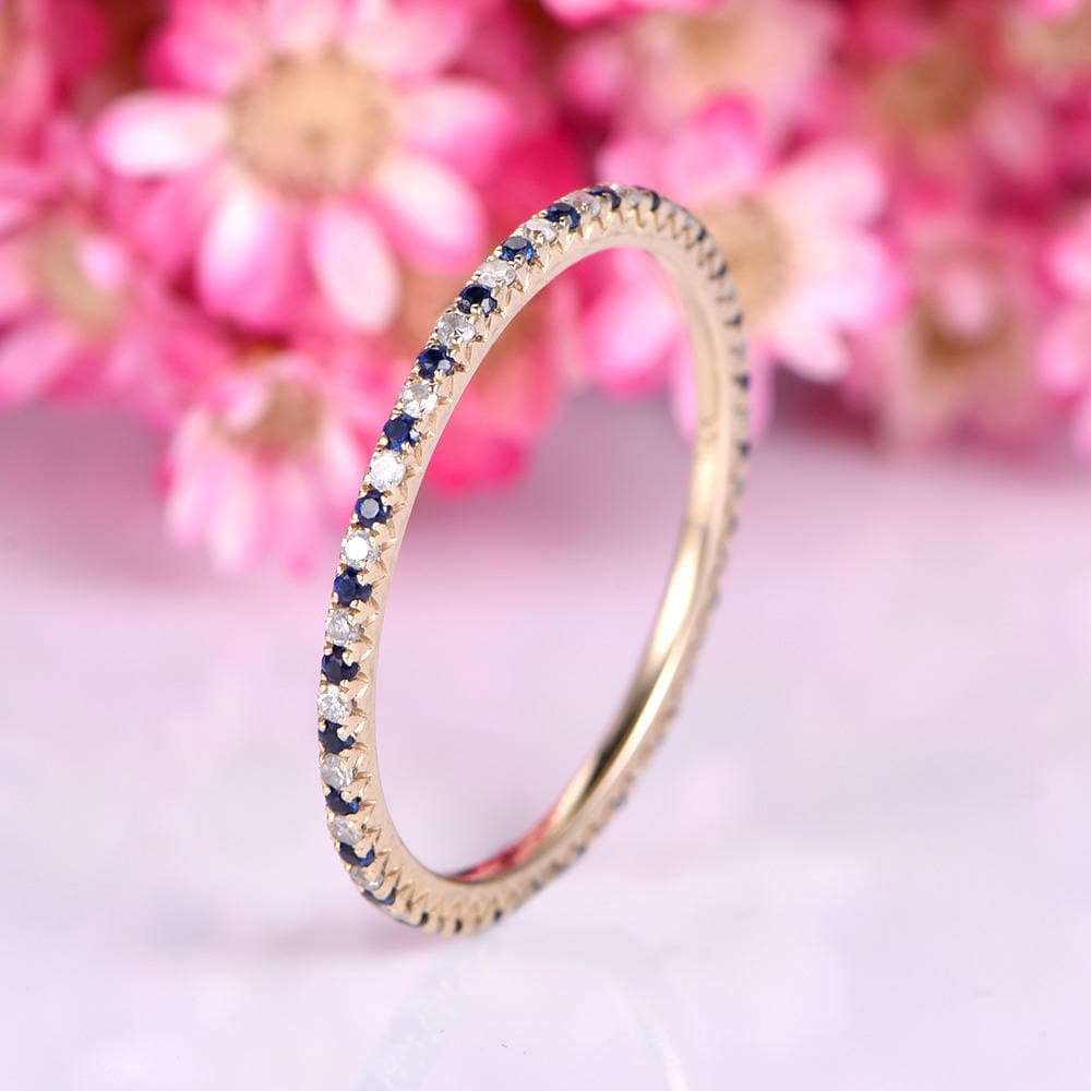 Diamond wedding band diamond blue sapphire ring 14k yellow gold petite matching band natural gemstones full eternity promise ring Valentine