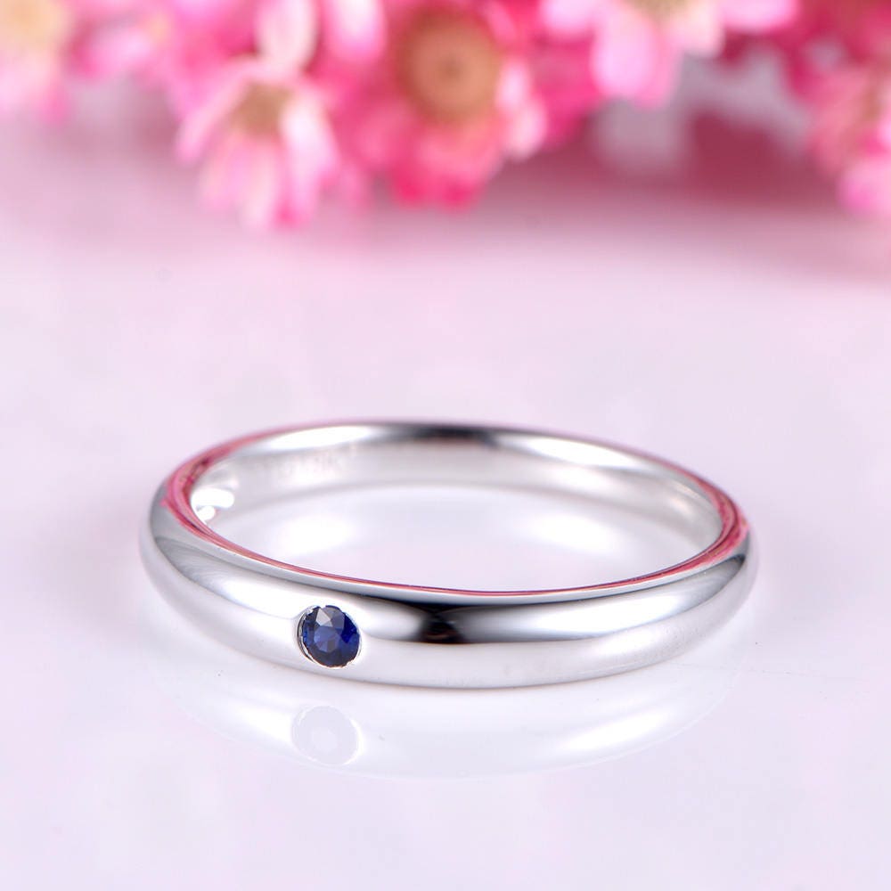 Men ring sapphire engagement ring solid 14k white plain gold band 2mm round cut natural sapphire promise ring anniversary custom jewelry