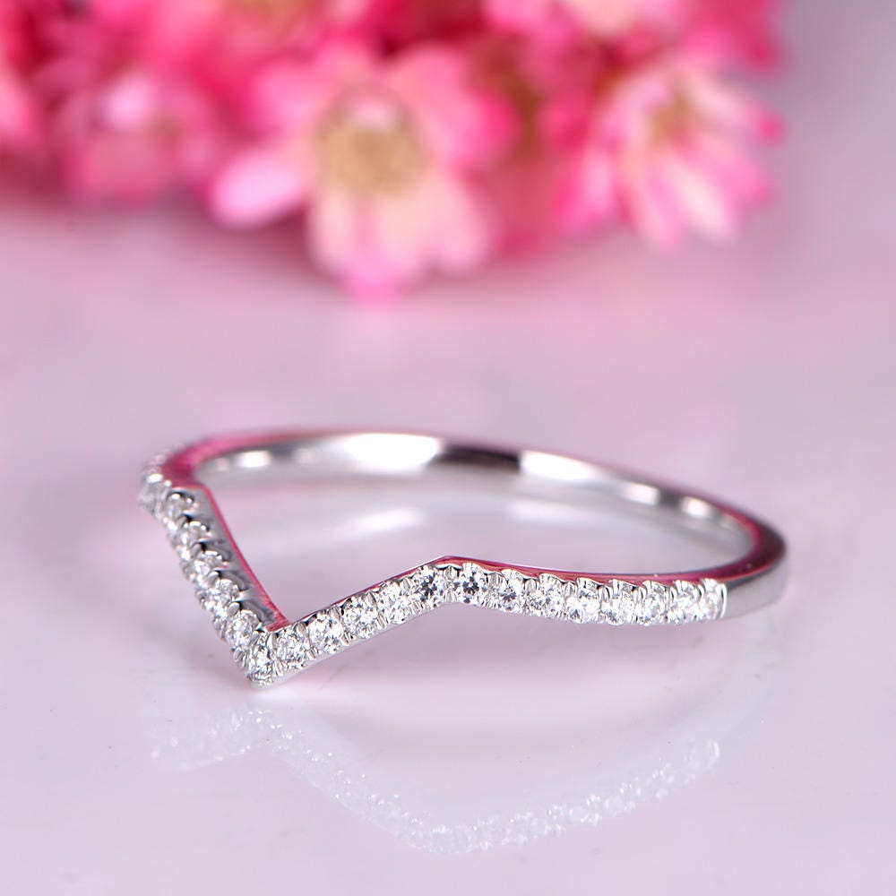 Curved V diamond wedding band half eternity ring diamond matching band solid 14k white gold promise ring stone clarity SI color H customized