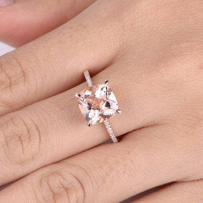 Big cushion morganite engagement ring 9mm morganite ring diamond thin wedding band diamond base 14k rose gold promise ring solitaire ring