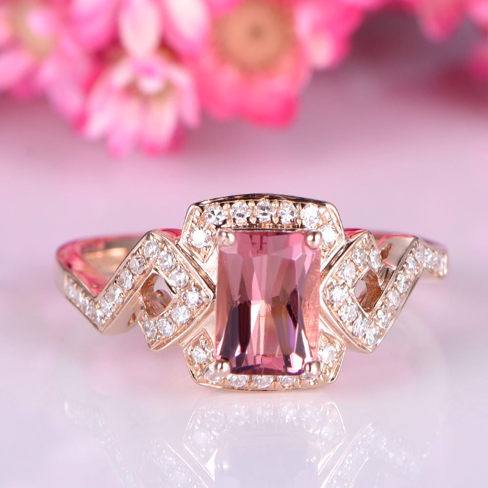 Pink Tourmaline engagement ring diamond ring 5x7mm emerald cut tourmaline diamond wedding band diamond halo ring 14k rose gold bridal ring