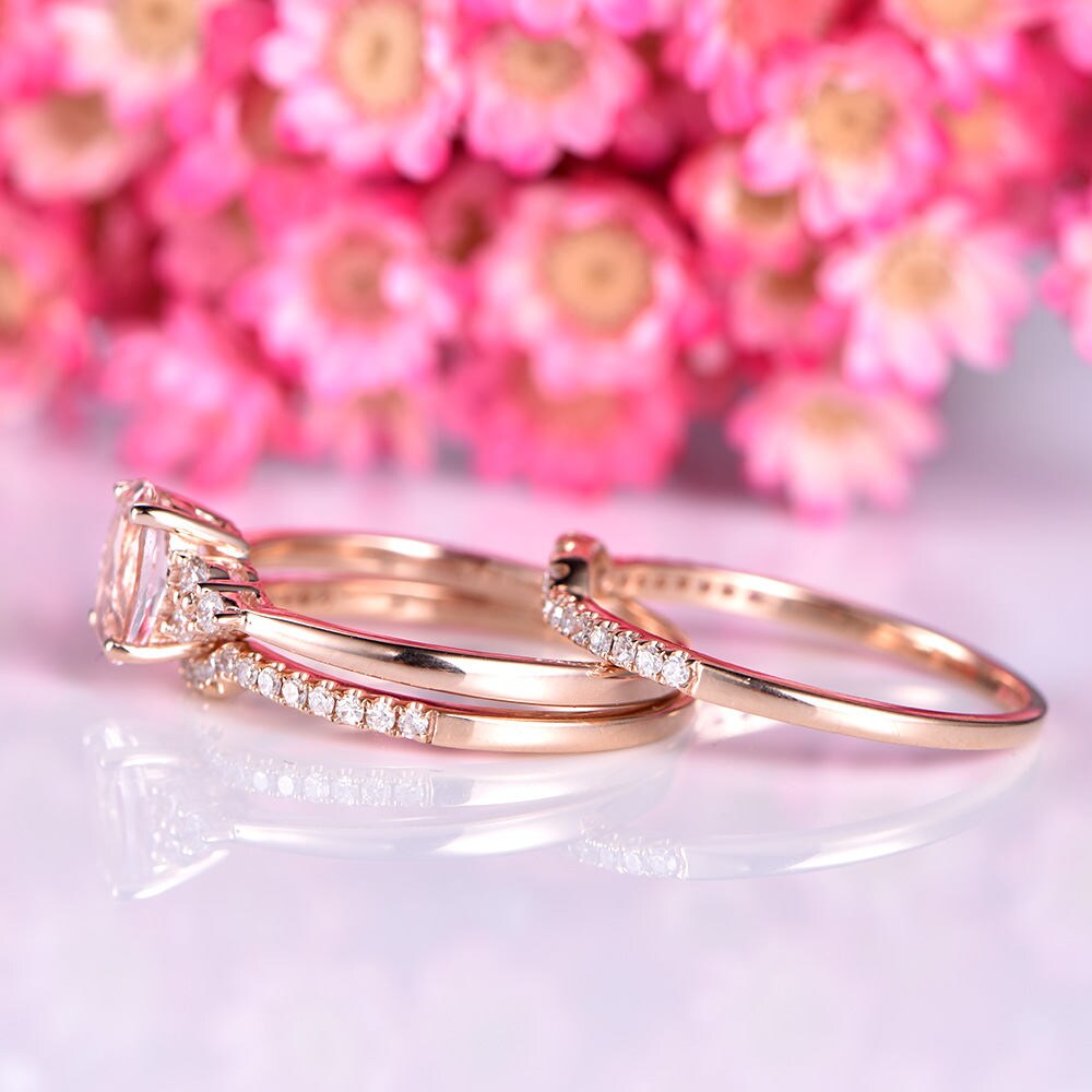 Morganite engagement ring set 5x7mm oval cut natural morganite ring half eternity diamond matching bands solid 14k rose gold bridal ring set