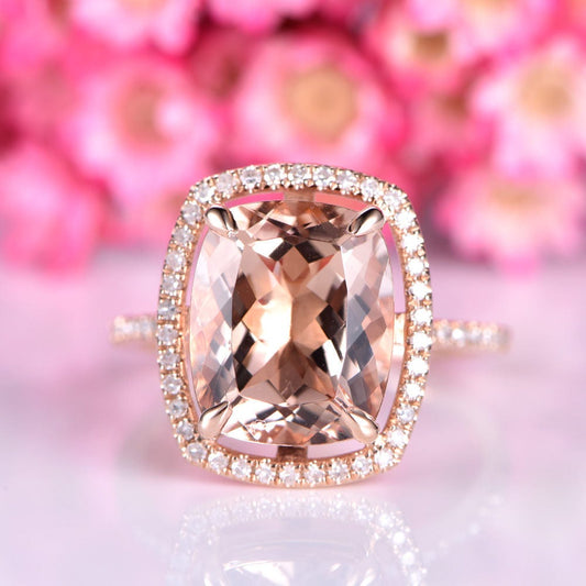 Big morganite engagement ring 10X12mm cushion cut pink morganite ring Half Eternity diamond  wedding band solid 14k rose gold bridal ring