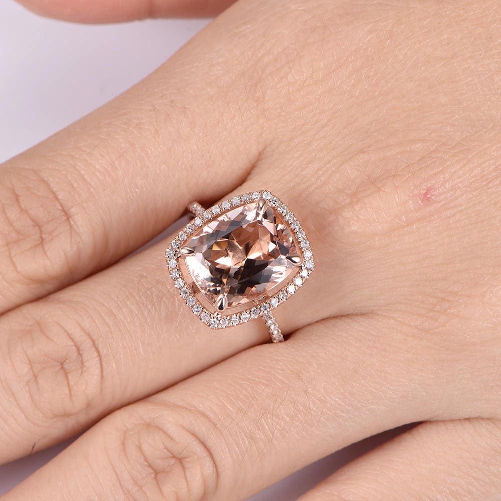 Big morganite engagement ring 10X12mm cushion cut pink morganite ring Half Eternity diamond  wedding band solid 14k rose gold bridal ring