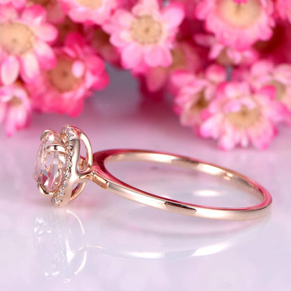 Morganite engagement ring 14k rose plain gold wedding band 7mm round cut morganite ring SI-H diamond halo ring anniversary ring Valentine