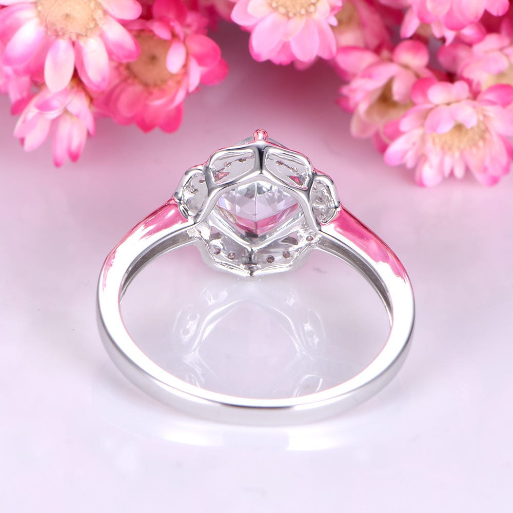Aquamarine engagement ring solid 14k white gold diamond band 7mm cushion cut natural blue aquamarine milgrain diamond halo promise ring