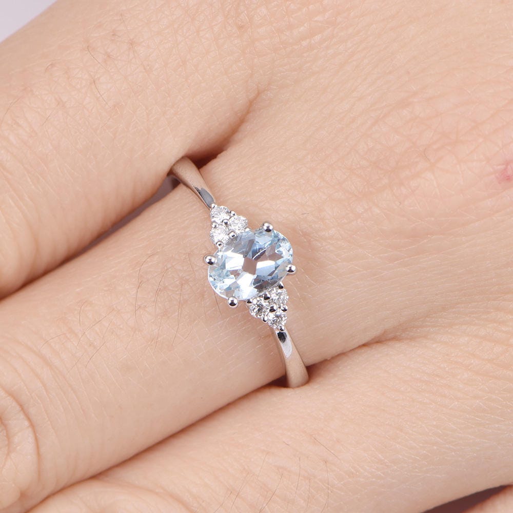 Aquamarine engagement ring 5x7mm oval shape aquamarine and diamond ring solid 14k white plain gold band solitaire ring gift for women