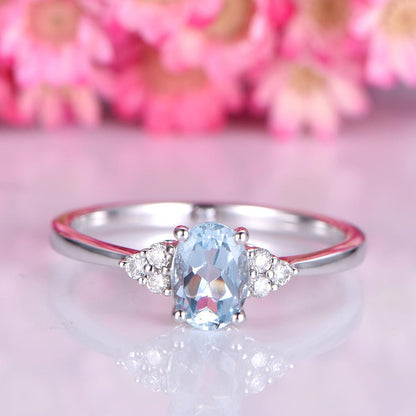 Aquamarine engagement ring 5x7mm oval shape aquamarine and full cut brilliant diamonds solid 14k white plain gold band solitaire ring