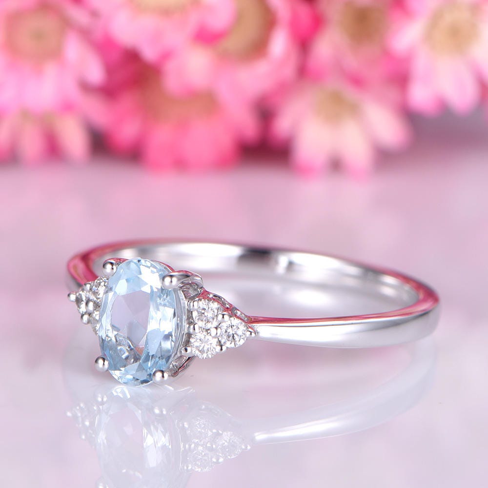 Aquamarine engagement ring 5x7mm oval shape aquamarine and full cut brilliant diamonds solid 14k white plain gold band solitaire ring