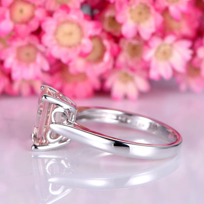 Morganite engagement ring solid 14k white plain gold band 7x9mm emerald cut morganite solitaire ring natural gemstone bridal ring prongs set