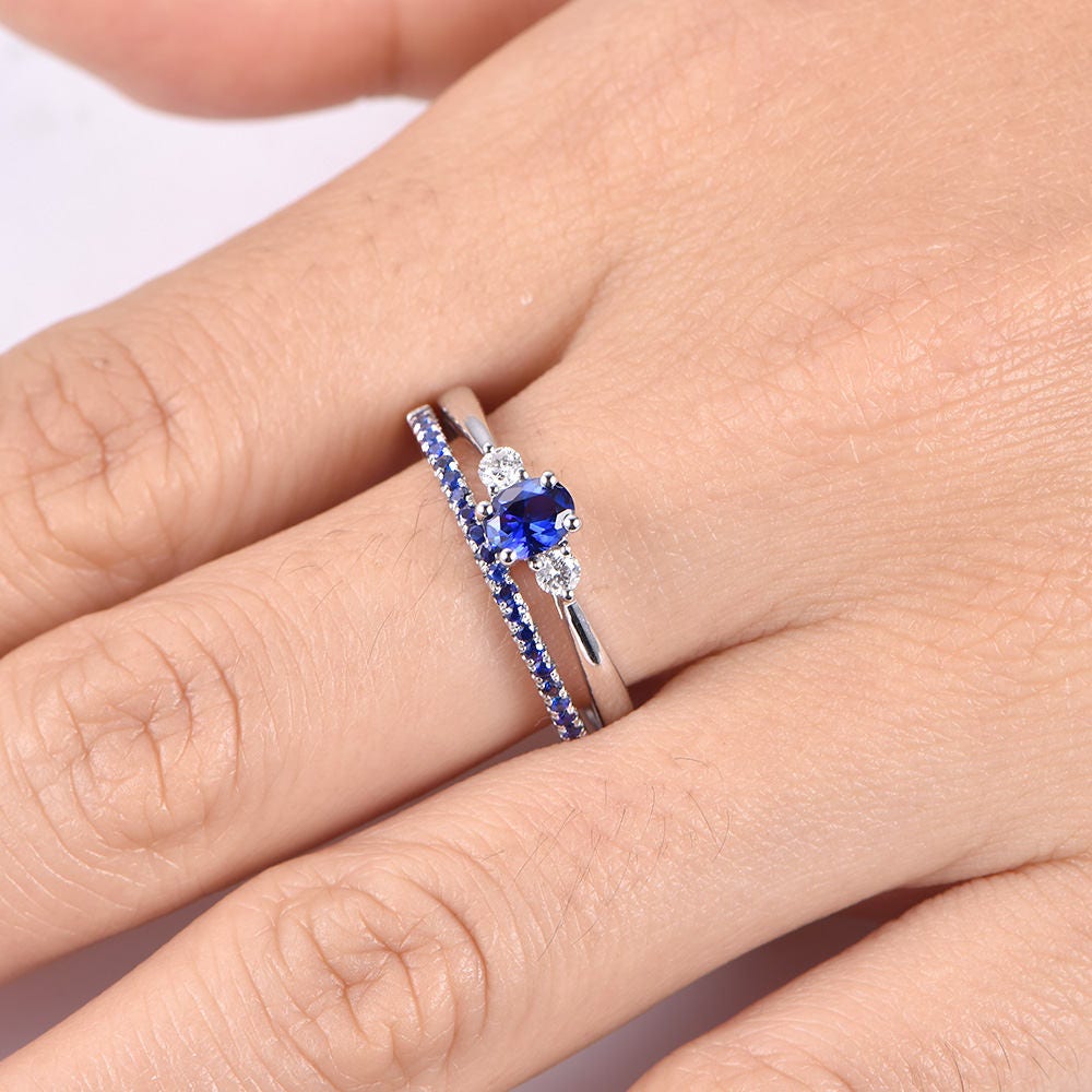 Sapphire ring set 4x5mm oval cut sapphire engagement ring half eternity sapphire matching band14k white gold ring anniversary promise ring